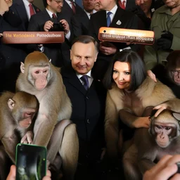 DARK HAIR PRESIDENT of poland TAKING A PHOTO WITH MONKEYS, MUSHROOMS IN THE BACK