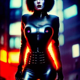 portrait oil on canvas, beautiful punk busty female Cyborg, intense stare, sad glowing eyes, post-apocalyptic in a cyberpunk city,minimal skintight latex dress, bladerunner movie poster, realistic, intriacte detail, sci-fi fantasy style, masterpiece, volumetric lighting, particles, highly detailed ,cinamatic , deep colours,8k, in the style of Kaare Andrews