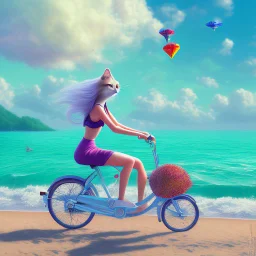 A girl is riding a bicycle on the beach. His cat is sitting in the front basket of the bicycle. Spring flowers can be seen everywhere. Beautiful blue sky with white clouds - kites in the sky. sense of peace. digital art, anime, 8k, full details, colorful, high resolution