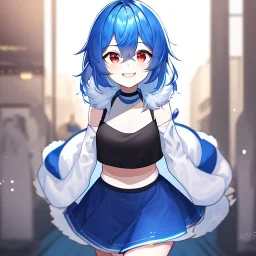 Clear focus, High resolution, rough line art, cute, cartoon, medium blue hair, hair between eyes, fluffy hair, red eyes, wearing a black sleeveless crop top, wearing a white jacket thats of her shoulders, wearing a blue skirt, cutsleeves blue strap and white color, intricately detailed outfit, smiling