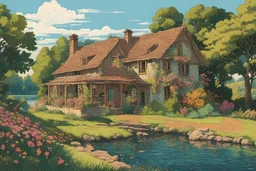 museum quality color woodcut landscape of a fanciful 1920's ramshackle French country cottage nestled on the banks of the Dordogne River, on a blissful summer morning, in the style of Gustave Baumann, with a fine art aesthetic, highly detailed, finely cut ,8k render, soft early summer colors