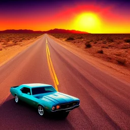 muscle car, desert road, sunset, full colour,