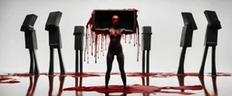 a faceless woman covered in blood holding up a black rectangular box