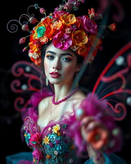 Gorgeous Realistic Photography Camera Lens soft blur Pretty European Supermodel as Beautiful Fairytale, a stunning beautiful woman adorned in vibrant carnival attire, ethereal beauty, black background, with swirling colors and fantastical tiny flowers, enchantment and grace, twisted vines, whimsical, surreal landscapes, emotive style, dreamlike quality, and magical realism, carnival red, ethereal pink, whimsical blue, vibrant green, celestial purple, golden amber, and shimmering silver