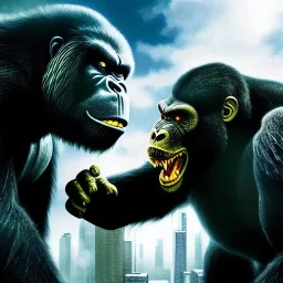 ultra detailed fullbody portrait of King Kong Vs Godzilla, extremely detailed digital painting, intrincate, extremely detailed face,crystal clear Big eyes, in the style of rafael sanzio, mystical colors , perfectly centered image, perfect composition, rim light, beautiful lighting, 8k, stunning scene, raytracing