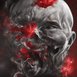 portrait of man with an exploding horror and red bones inside his face, highly detailed black and white with red accents, oil painting.