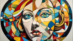 Abstract composition of a portrait of a woman inscribed in dynamic shapes, which form a kind of jigsaw puzzle of large circles and small colored diamonds that intersect. Suddenly, we discover the subject: the face of a woman who appears as if coming out of a stained glass window.
