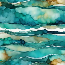 Alcohol ink art tile pattern. Vibrant, fantasy, delicate, ethereal. Sea. Shades of blue, teal, aqua, turquoise, white. waves on shore. Sun. colorful beach. Background ink drip.
