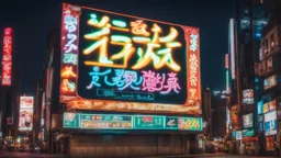 a billboard branded writing Odk Tokusentai latin , with neon light, in the city center, at night.