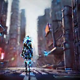 A wide-angle shot of a young, white-haired attractive woman standing on a sidewalk in a cyberpunk city, looking at the camera. High-resolution