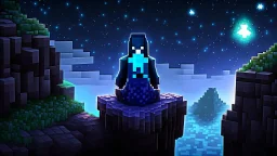 Minecraft Character, minecraft theme, purple starry sky, meditating, facing back, wearing gown, minecraft style, in between two cliffs,