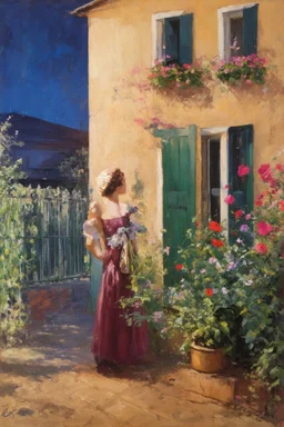 Night, one woman, house, vegetations, flowers, metal fence, dirt, charles leickert, and anna boch paintings