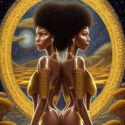 Biologically Female sexy African American Twins, black skin, tall and slender, long afro kinky hair,big brown eyes, long eyelashes warrior wear. Big butts. Gold accents on clothing. Surround by trees. Holding golden spears. Starry night