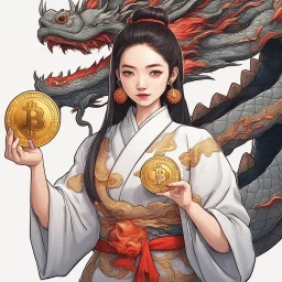 Bitcoin cryptocurrency in the hands of a traditional chinese girl, dragon