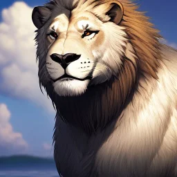 anthropomorphic Lion Warrior, realistic, HD4k, watery cloud background, close up shot,