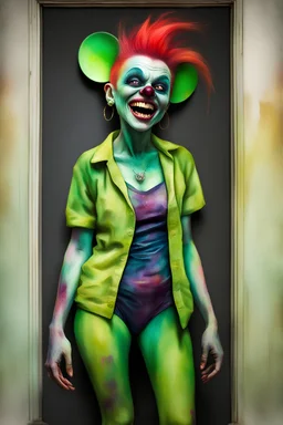 a multicolored, watercolor stained, wall in the background, inspired by all the works of art in the world - laughing - Millie "The Bat" Miller, an extremely tiny, thin, voluptuous beautiful mickey mouse-faced vampire werewolf zombie female with a green mohawk, full body image, wearing a skinsuit, Absolute Reality, Reality engine, Realistic stock photo 1080p, 32k UHD, Hyper realistic, photorealistic, well-shaped, perfect figure,