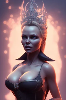 Pamela Anderson as evil queen in black leather, leather, busty, cleavage, angry, stern look. character design by cory loftis, fenghua zhong, ryohei hase, ismail inceoglu and ruan jia. unreal engine 5, artistic lighting, highly detailed, photorealistic, fantasy