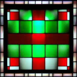 Hyper realistic piet mondrian, squares, stained glass window with lead caming, darkgreen, 4k, sunny day outside, reedglass, ambient glowIng glass