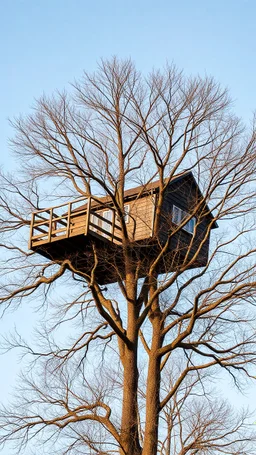 Trees without leaves and on the top of it a tree house