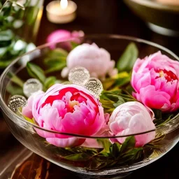 Cinematic shot of peonies inside a glass bowl, glass, crystal, linen, dewdrops, warm lighting, luxurious, terrarium