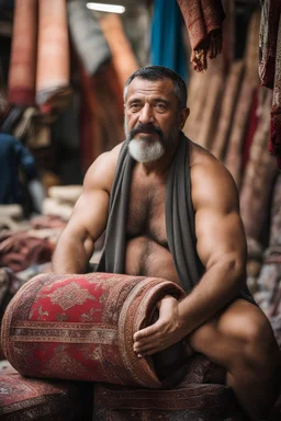 close up photography of a burly beefy strong 49-year-old Turk in Istanbul bazaar, shirtless, selling carpets sitting on a pile of carpets, biig shoulders, manly chest, very hairy, side light,