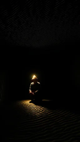 character in semi-darkness, on the scree cone of an underground room dimly lit by daylight coming from a well located forty meters above.