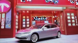 A Tesla's 'Model S Plaid' is parked, at 'Lotte World', in Seoul (South Korea). CINEMATIC. WIDE ANGLE LENS.