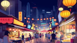 A modern digital illustration of a bustling night market in Taiwan, filled with colorful street food stalls and vibrant lanterns illuminating the scene. The artwork is stylized with a mix of realism and abstract elements, creating a dynamic and lively atmosphere.