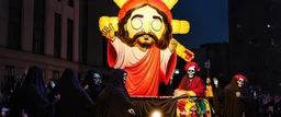 cartoonish jesus parade balloon pulled by multiple grim reapers, multi colored, bright, vivid, psychedelic, high detailed, high gloss, insanely detailed, matte, horrorcore, lining the street, unsettling contrast, monument to death, live action shot grim reaper parade, pulling a jesus parade float