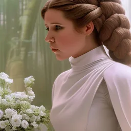 death star background, complete and photo realistic detailed head to waist stunning photo realistic portrait of young carrie fisher as Princess Leia in star wars with photo realistic hairstyle by Mandy Jurgens and mucha and Richard Schmid and chuck close and chie yoshii, extraordinary and detailed ceremony dress of star wars,brown eyes