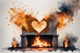 double exposure, merged layers, fireplace with dynamically blazing fire, ink splatter art, watercolor and ink, golden glitters, double exposure heart and love