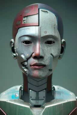 japan head portrait, warrior armor , village, meditation, woods, galaxy sky, 8k quality , portrait,beautiful robotic ,ghost in the shell , post-apocalyptic in a cyberpunk city, realistic, intriacte detail, sci-fi fantasy style, volumetric lighting,24mm , particales,highly detailed,cinematic, deep purple , green eyes .