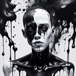 An inky humanoid male with black and white skin, spilling black and white paint all over the place, dreamy, surreal