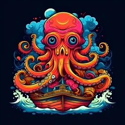 t-shirt vector, a colorful octopus with its tentacles wrapped around a sunken pirate ship