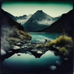 Sublime foto close-up polaroid ad alta definizione di una montagna rocciosa, un lago, surreale, colors, cityscape scifi, collage art, dadaism, sublime, splimapys nero, cielo nero, acqua nera riflette un sole nero, macabre piante circondano il lago, alghe, hypermaximalist, Max Ernst style, strangeness, intricate, hypnotic, obsessive, 8k, deep 3d field, very accentuated details of the rocks and sht frn, eerie, artistic photo, shot on Hasselblad, large format film, medium format film