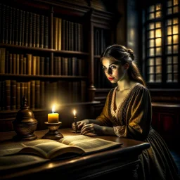 Photograph of a mysterious, indecipherable odd person sitting at a table, reading an ancient book, very accentuated details of the dress and skin, eerily mysterious. 33mm photography, high definition, high resolution, 8k, 3d render, volumetric light, shot on Hasselblad. Study room. Bookshelves, candle lit.