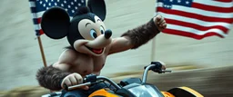 hi speed bad ass cyber punk masculine realistic mickey mouse rambo humanoid with hairy arms and chest, on quad, motion blurred background, holding american flag