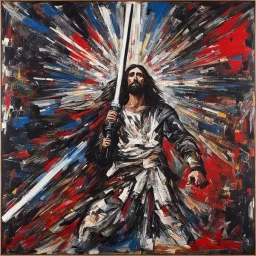 [art by Jean-Paul Riopelle] Jesus with a lightsaber opening the belly of the devil