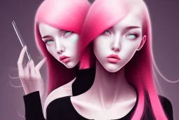 girl angry, beautiful, cute, bloody, pink hair, black sweater