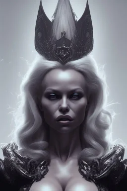 Pamela Anderson as evil queen in black leather, leather, busty, cleavage, angry, stern look. character design by cory loftis, fenghua zhong, ryohei hase, ismail inceoglu and ruan jia. unreal engine 5, artistic lighting, highly detailed, photorealistic, fantasy.