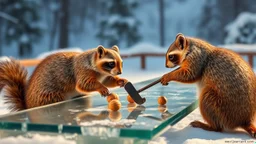 ice bear squirrel raccoons playing nuts hockey on super long glass table on ceres