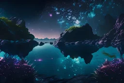 rocky cliff, vegetation, galaxy, infinite, cosmos, people, water reflection, sci-fi.