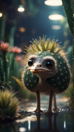 Ostrich turtle cactus with friendly cute face and hair locks in dark lit reflective wet jungle metallic hall dome hotel tunnel, in the style of a game,bokeh like f/0.8, tilt-shift lens 8k, high detail, smooth render, down-light, unreal engine, prize winning