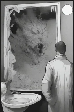 a man looking into a shattered bathroom mirror and seeing a horrifying, abstract deranged monster in his reflection