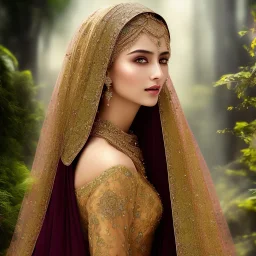 Beautiful veiled Muslim woman , beautiful portrait, flowery landscape