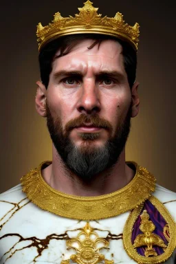 Realistic image, Baroque sculpture made in white marble with gold veins, Lionel messi with gold laurel leaves crown, decorative star on the chest, waist up portrait, marble material, gold ornaments, Baroque style, sun rays background, epic, celestial, cinematic lighting, God lights, 4k resolution, smooth details, soft lighting, unreal engine 5, art station, substance 3d.