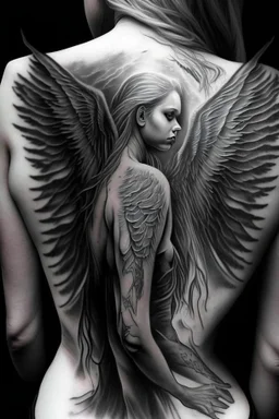 woman angel from back ultra realistic tattoo design