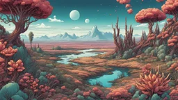comic style, highly detailed ,gorgeous otherworldly landscape, otherworldly plants