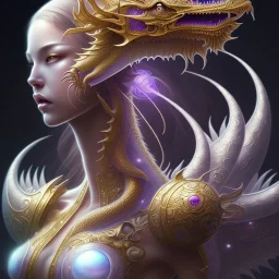 sango fantasy, fantasy magic, intricate, sharp focus, illustration, highly detailed, digital painting, concept art, matte, artgerm and paul lewin and kehinde wiley, masterpiece silver dragon head golden Asian nice breast Afo woman purple waves