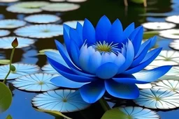 Draw a blue waterlily in pond above which goddess saraswati would be seated holding veena